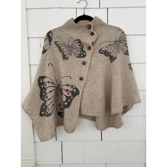 Anthropologie Moth Women's OS Wool Blend Butterfly Print Cape Sweater Artsy RARE - Picture 1 of 6